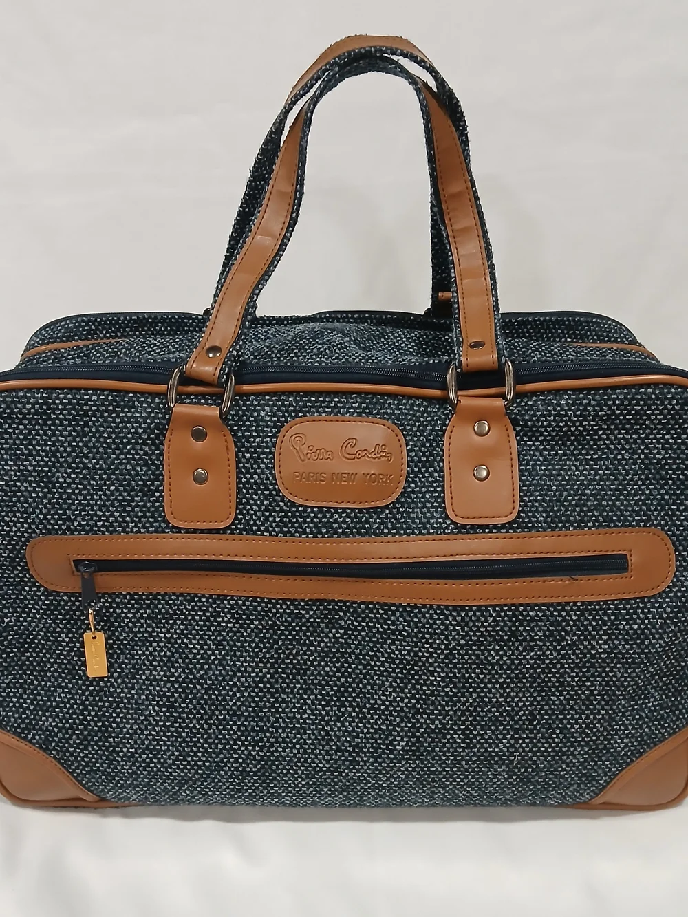 Vintage Pierre Cardin Tweed Weekender Duffel Travel Bag Blue Tan Leather Trim